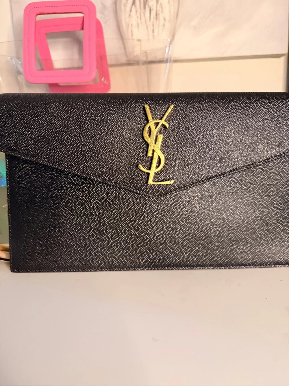 Saint Laurent Black Envelope Clutch Bag With Gold Logo